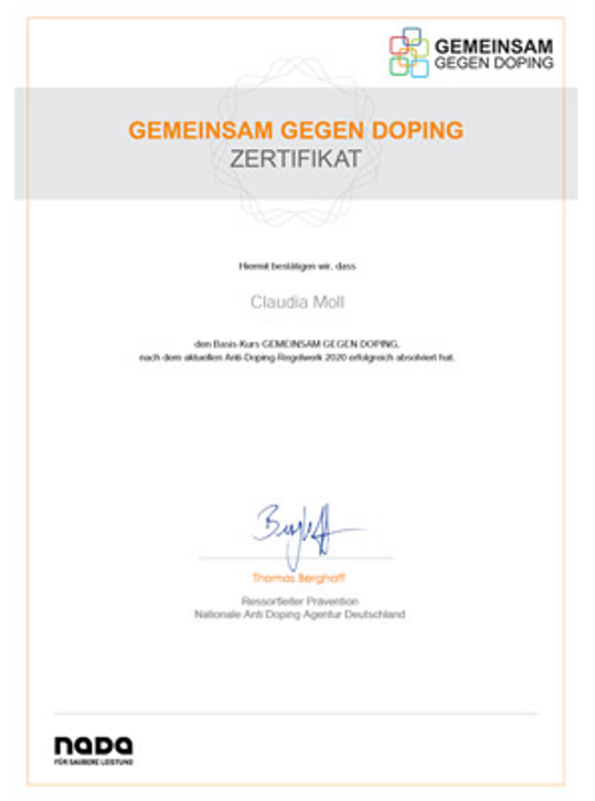 Zertifikat Anit-Doping Claudia Moll